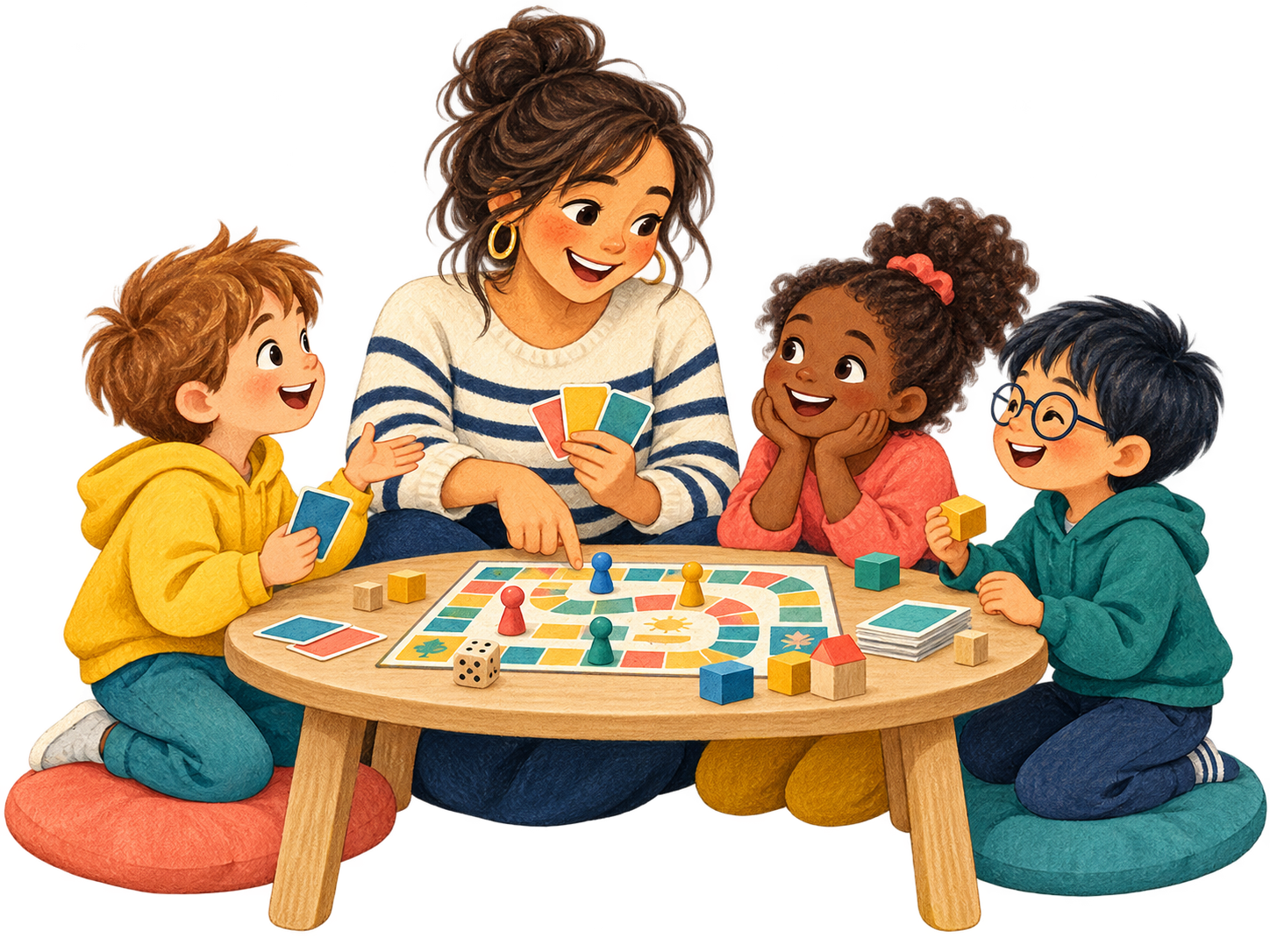 Une animatrice et des enfants jouent ensemble autour d’une table.